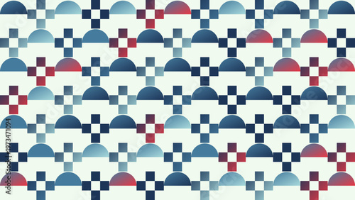 Geometric Pattern with Colored Shapes: This captivating pattern features an intricate arrangement of semi-circles and squares, creating a visually engaging design with a modern, artistic flair.