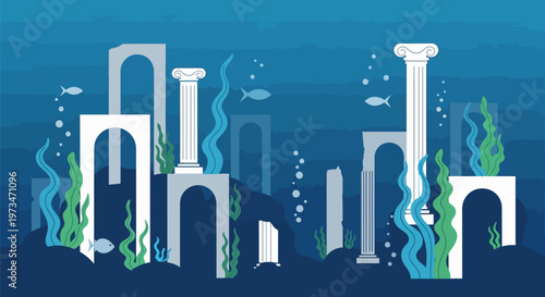 Ancient underwater ruins with columns and arches.