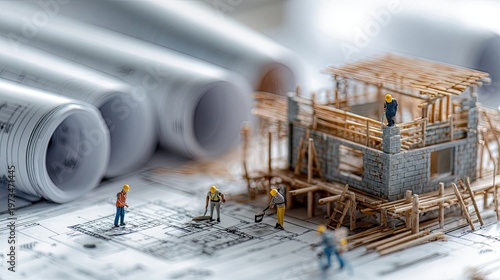 Miniature construction workers constructing a building on blueprints with rolled up plans