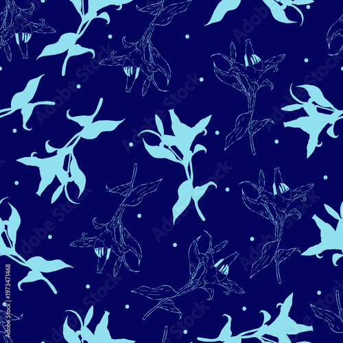 Seamless Botanical Abstract Blue Lily Pattern. A delicate and stylish design perfect for elegant textiles, wallpapers, and botanical-themed projects.