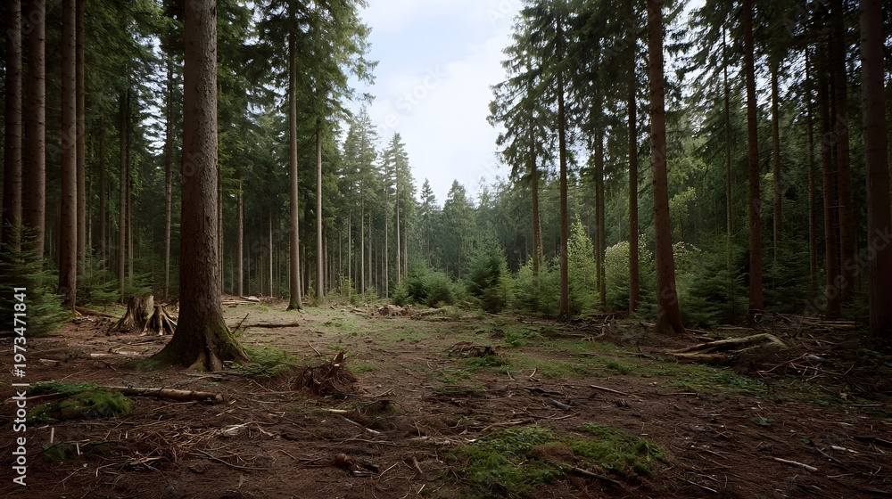 Fototapeta premium A secluded view looking down a row of tall conifer trees into a natural forest clearing