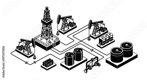 Oil industry infrastructure with rigs storage tanks pipelines and pumpjacks.