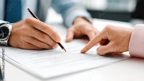 Hands reviewing legal document with pencil and finger pointing on white paper