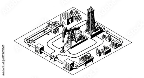 Oil pumpjack extraction rig machinery in field.