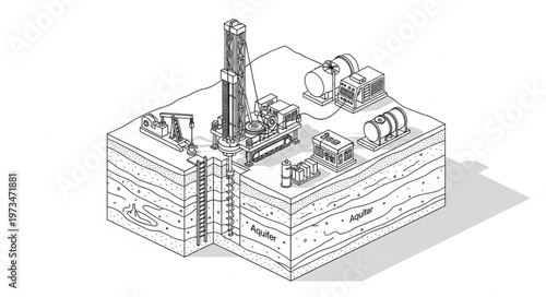 Onshore oil drilling rig with geological cross section diagram.