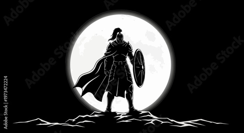 Valiant Warrior Silhouette Standing Tall Against the Night Sky.