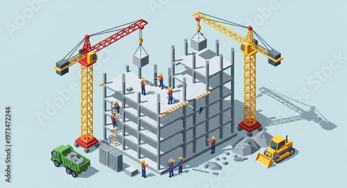 Multistory building under construction with tower cranes.