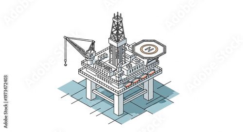 Offshore oil drilling platform with derrick and helipad.