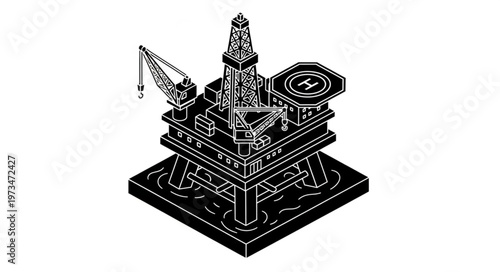 Offshore oil drilling platform with helipad and crane structure.