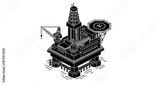 Offshore oil drilling platform with helipad tower.