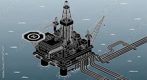 Offshore oil rig platform with drilling derrick and helipad.