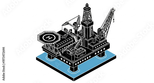 Offshore Oil Rig Platform With Drilling Derrick And Helipad.