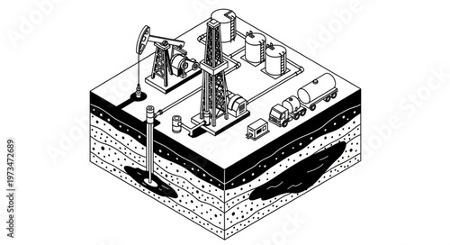 Oil drilling and extraction infrastructure cross section diagram.