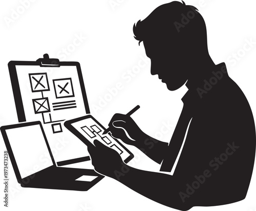 A designer working on wireframing and digital interface layouts using a tablet and laptop simultaneously