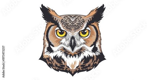 Intense close-up of a great horned owl's face, displaying piercing yellow eyes and intricate feather patterns, a majestic nocturnal predator.