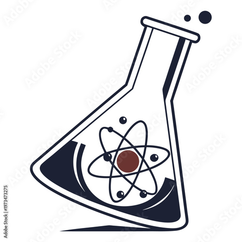 Abstract erlenmeyer flask with atom model inside for scientific research graphic