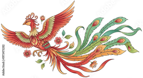 Vibrant Phoenix Bird Illustration with Flowing Tail Feathers and Floral Accents.