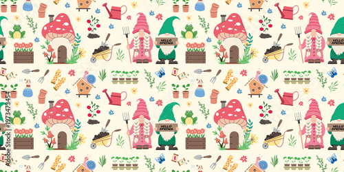 Spring garden gnome seamless pattern with tools and flowers