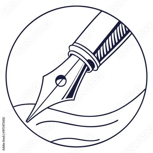 Elegant fountain pen nib writing on a surface in a circular outline illustration