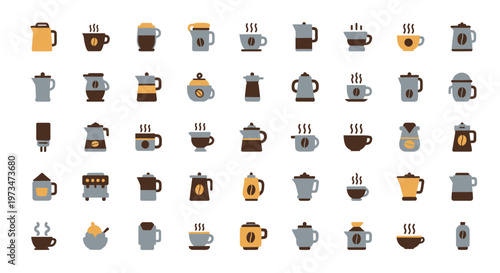 Flat coffee bar icon set displayed on a minimal style background for design