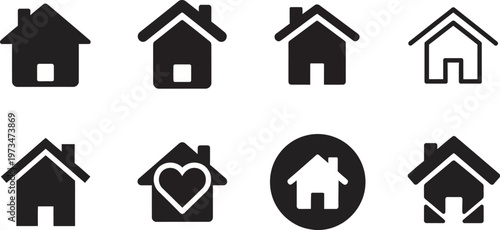Collection of eight black and white house icons representing home shelter and real estate concepts