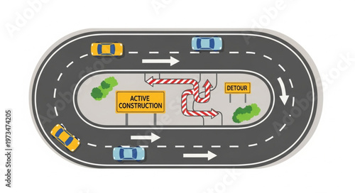 Oval roadway construction zone with traffic lanes.