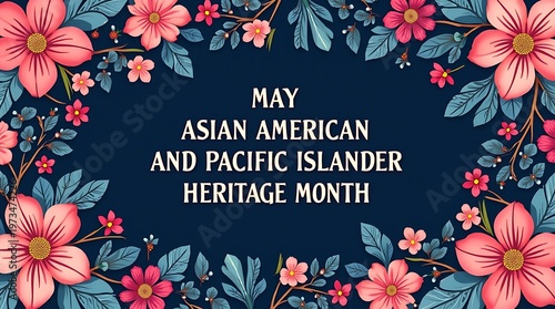Asian American And Pacific Islander Heritage Month With Floral Border.