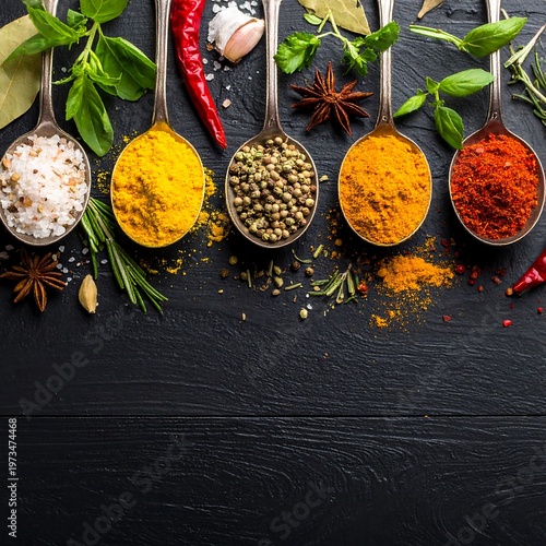 Spices in silver spoons on black slate with scattered herbs, salt, and spices