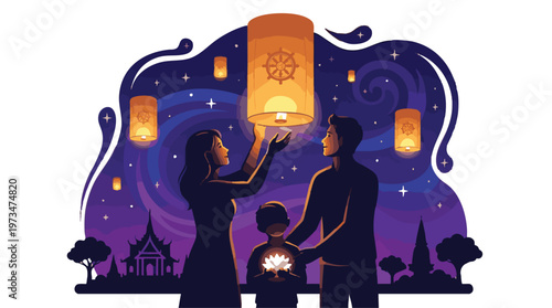 Visakha Bucha Day Family Releasing Lanterns at Night