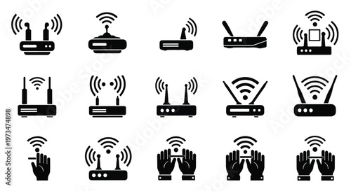 Black icons of wireless routers and smartphones.