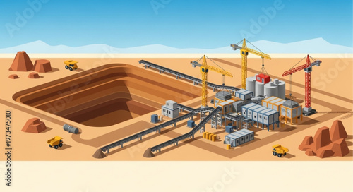 Open pit mining excavation site with heavy machinery.