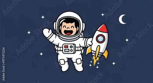 Cartoon astronaut, space suit, rocket ship, starry night sky, space travel