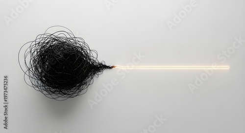 Problem solving and clarity concept with complex messy thread becoming a simple line