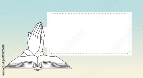 Praying hands, open book, religious symbol, faith icon, vector illustration
