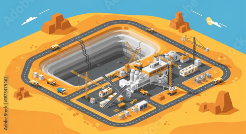 Open pit mining site with heavy machinery and equipment.