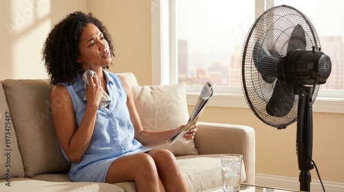 African American woman, enduring summer heat, wiping perspiration, seeking cool air from a fan, staying hydrated with iced water, feeling the high temperatures indoors
