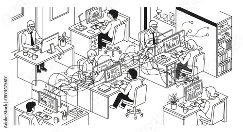 Open plan office workers collaborating at desks.