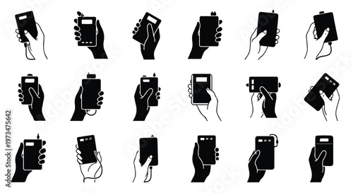 Hands holding various mobile phones.