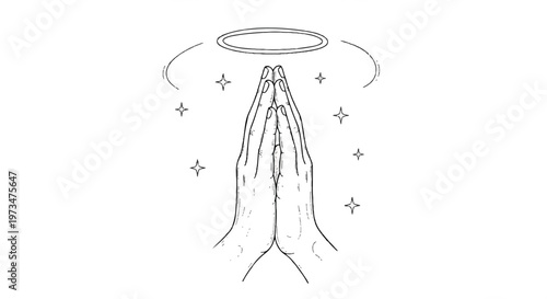 Praying hands, clasped palms, halo, spiritual vector icon, religious symbol