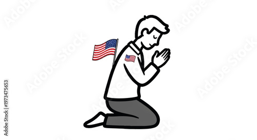 Praying man, American flag, kneeling person, patriotic illustration, vector icon