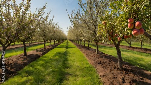 A wide orchard with different fruit trees like apple peach and pear bright daylight organized rows