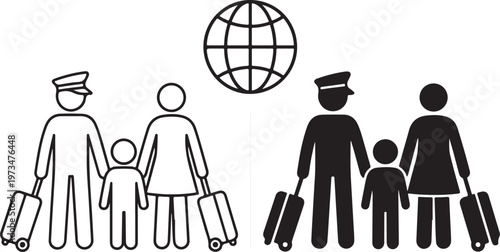 Family traveling together with luggage and globe icon