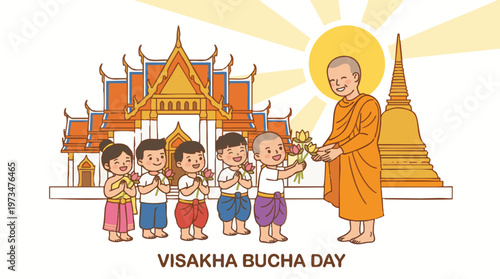 Children Offer Flowers to Monk on Visakha Bucha Day