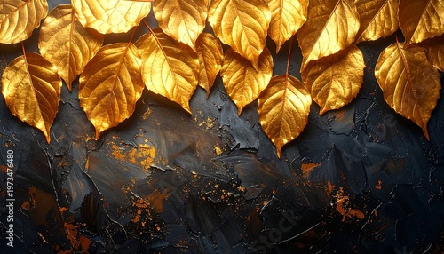 Golden leaves cascade over dark textured surface. Elegant, luxurious, shimmering, with a touch of decay