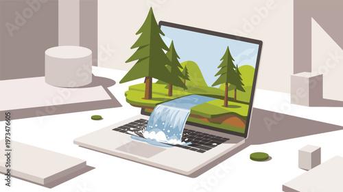 Flat of a green tree growing from a laptop screen with colorful graphs and charts, data visualization