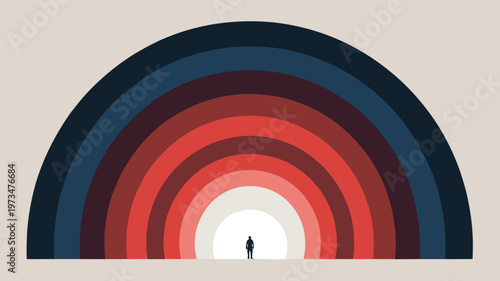 Minimalist person walking through red and blue archways, minimalist red archway, geometric shapes