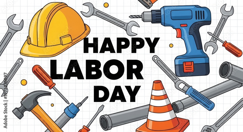 Naklejka premium Happy labour day celebrating workers with tools construction industry a festive illustration