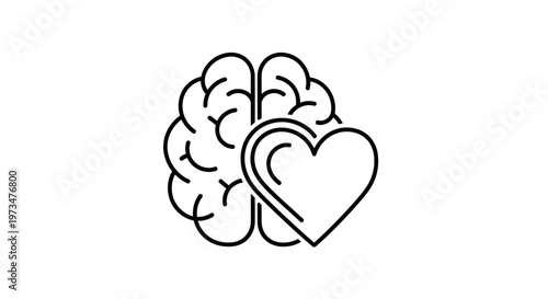 Heart and Brain Icon: Emotional Intelligence, Mental Health, Love, and Logic Concept