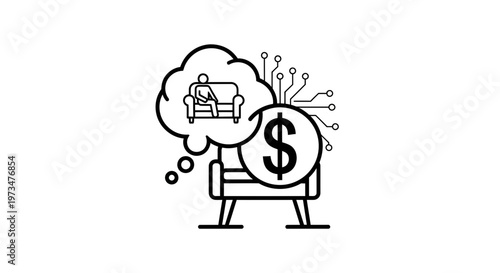 Man dreaming of relaxation and financial gain, armchair with money symbol and circuits