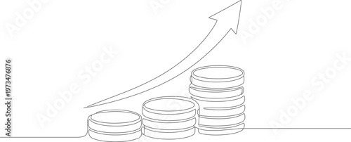 Continuous one line drawing of coin stack with upward arrow financial growth investment profit concept minimalist line art vector illustration